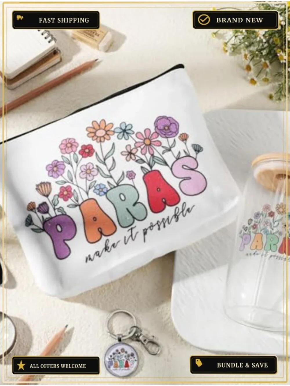 Paraprofessional Gift Set Canvas Makeup Bag Glass Cup Keychain
